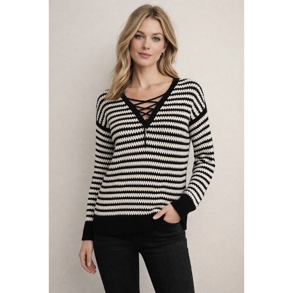 White House Black Market Sweater Medium Black Ivory Stripe Lace Up